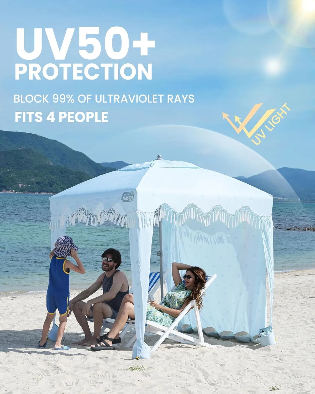 OutdoorMaster Portable Beach Cabana with Fringe, 6' x 6' Canopy, Easy Set Up Beach Shelter, Side Wall, UPF 50  UV Protection Sun Umbrella - For Kids, Family & Friends
