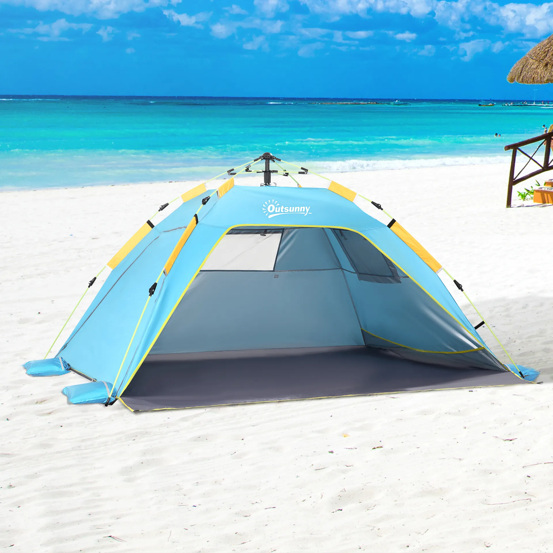 Outsunny 2 Man Pop-up Tent Beach Tent Sun Shelter w/ Windows Doors Hook Sandbags UV Protection Waterproof Outdoor Adventure Garden, Light Blue
