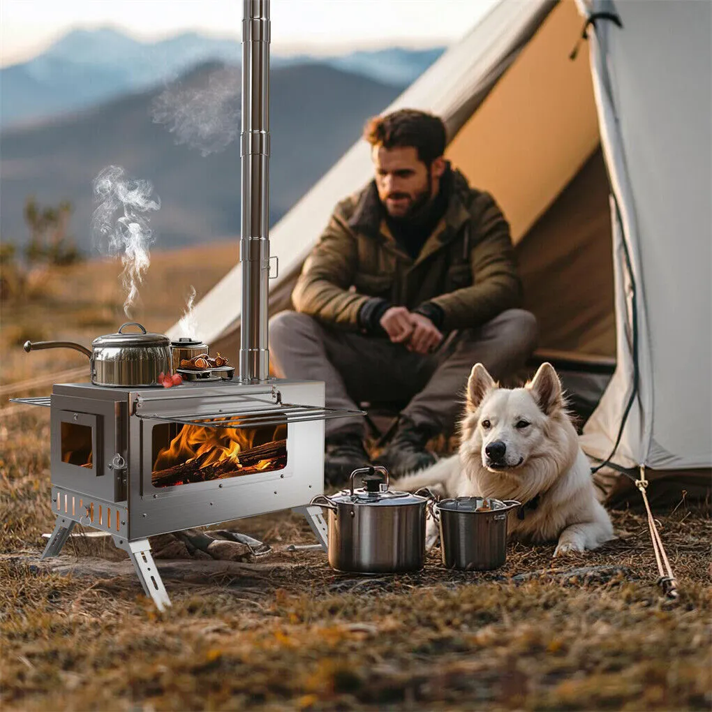 P&P Portable Camping Tent Stove Stainless Steel Wood Burning Stove w/ 7 Chimney Pipe