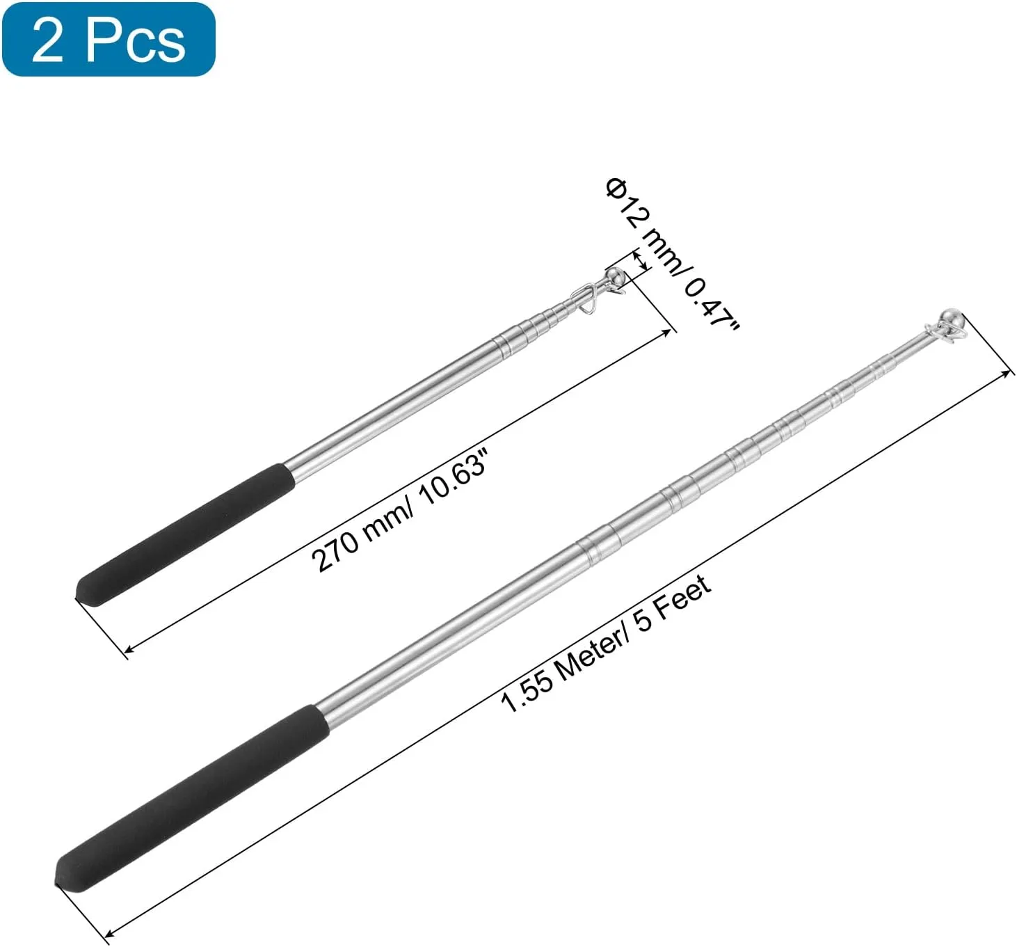PATIKIL 5 Feet Telescopic Handheld Flagpoles, 2 Pack Stainless Steel Extendable Portable Guide Flag Pole for Tour Guides Teacher Pointer, Black