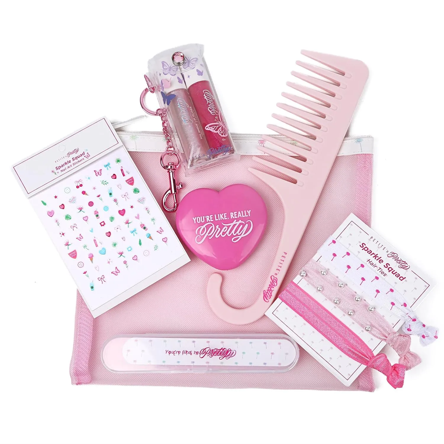 Petite N Pretty All in One Makeup Set for Kids, Tweens and Teens – Pink Mesh Bag with Lip Gloss Keychain, Hair Ties, Nail Decals, Headband, Heart Mirror, Nail File, Comb – Perfect Travel Kit & Gift