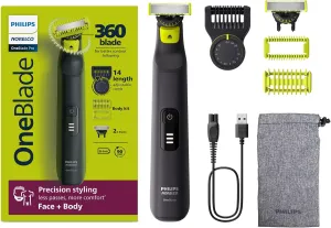 Philips Norelco OneBlade Pro 360 Face   Body, Electric Shaver, Beard Trimmer and Body Groomer, with 360 Blade Technology, 14-Length Precision Comb, Body Kit, Soft Pouch, Model QP6542/70