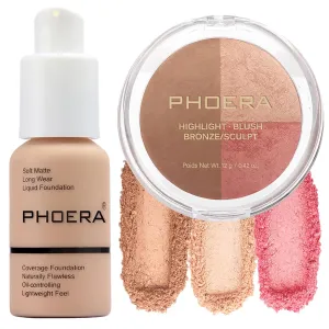 PHOERA Foundation, PHOERA Contour Palette,Shades with Highlighter & Bronzer & Blush,PHOERA Makeup Lightweight Long Lasting Wrinkles Matte Natural Finish (103  #002 Contour/Warm peach #002)