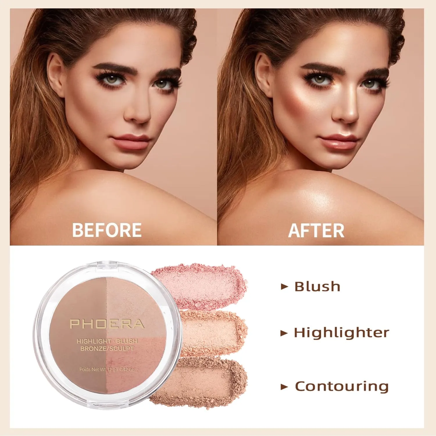 PHOERA Foundation, PHOERA Contour Palette,Shades with Highlighter & Bronzer & Blush,PHOERA Makeup Lightweight Long Lasting Wrinkles Matte Natural Finish (103  #002 Contour/Warm peach #002)