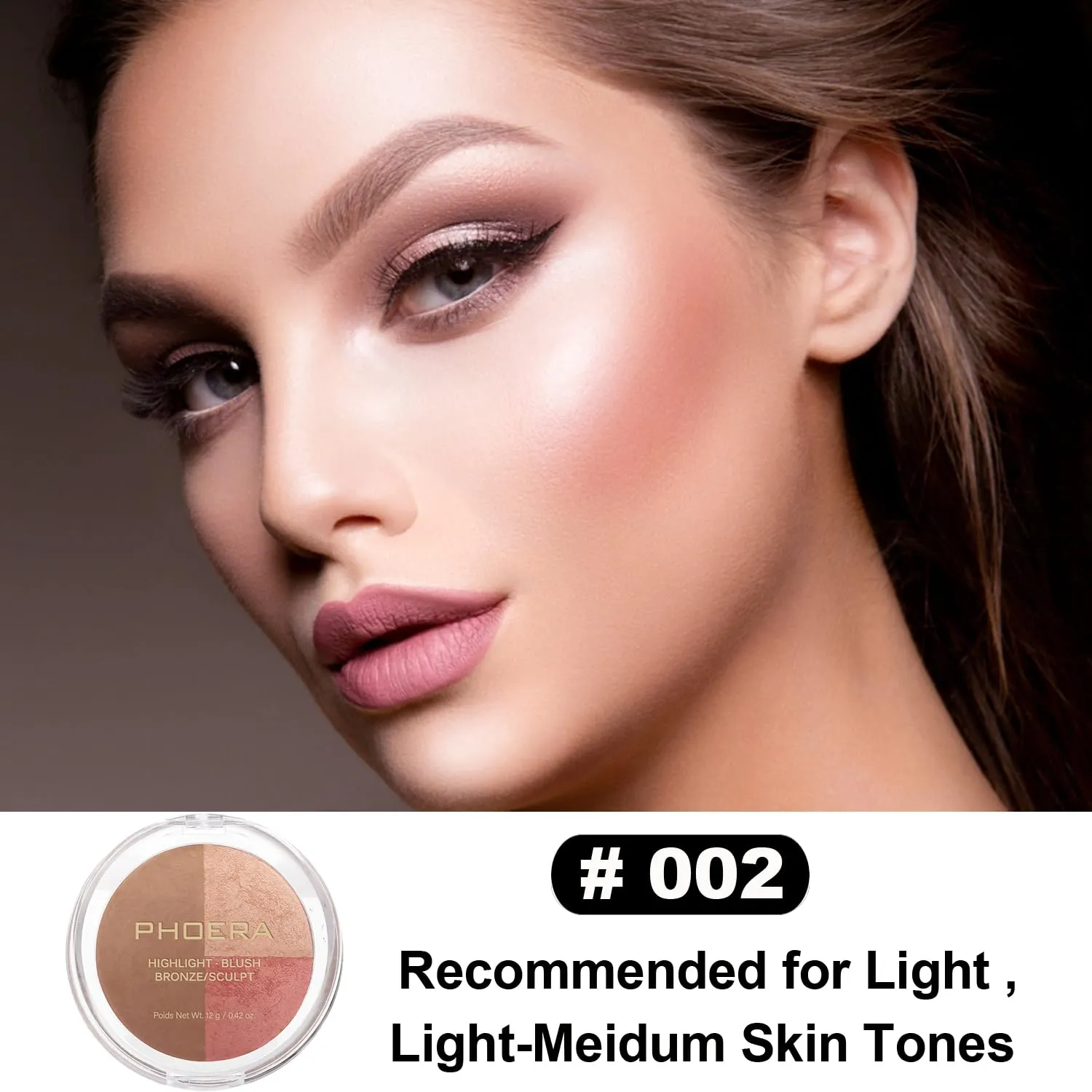 PHOERA Foundation, PHOERA Contour Palette,Shades with Highlighter & Bronzer & Blush,PHOERA Makeup Long Lasting Wrinkles Matte Natural Finish (103 104  #002 Contour/Warm peach Buff Beige #002)