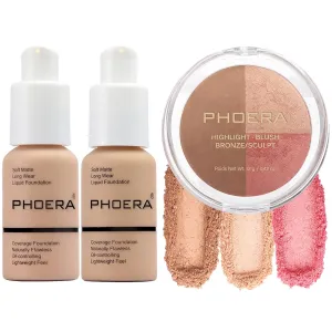 PHOERA Foundation, PHOERA Contour Palette,Shades with Highlighter & Bronzer & Blush,PHOERA Makeup Long Lasting Wrinkles Matte Natural Finish (103 104  #002 Contour/Warm peach Buff Beige #002)