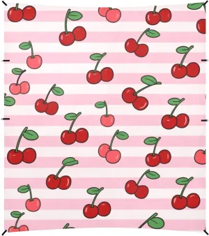 Pink White Striped Fruit Cherry Foldable Beach Tent UPF50 Water-Resistant Large Sun Shade Includes Sand Shovel, Sandbags, Stability Poles for Camping, Fishing, Backyard Fun