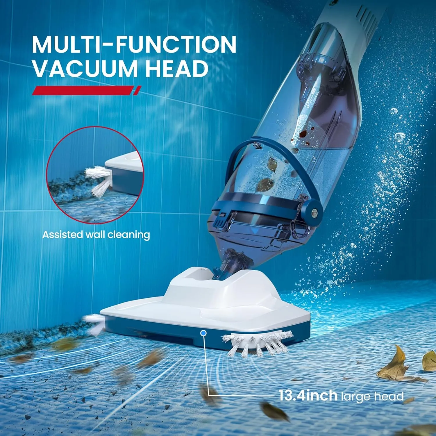 Pool Vacuum for Above Ground Pools, 2025 Upgraded 13.4" Wide Head & Telescopic Pole, 18.5 GPM Suction, 60 Min Runtime, Cordless Handheld Rechargeable Pool Cleaner for Inground Pools (Blue)