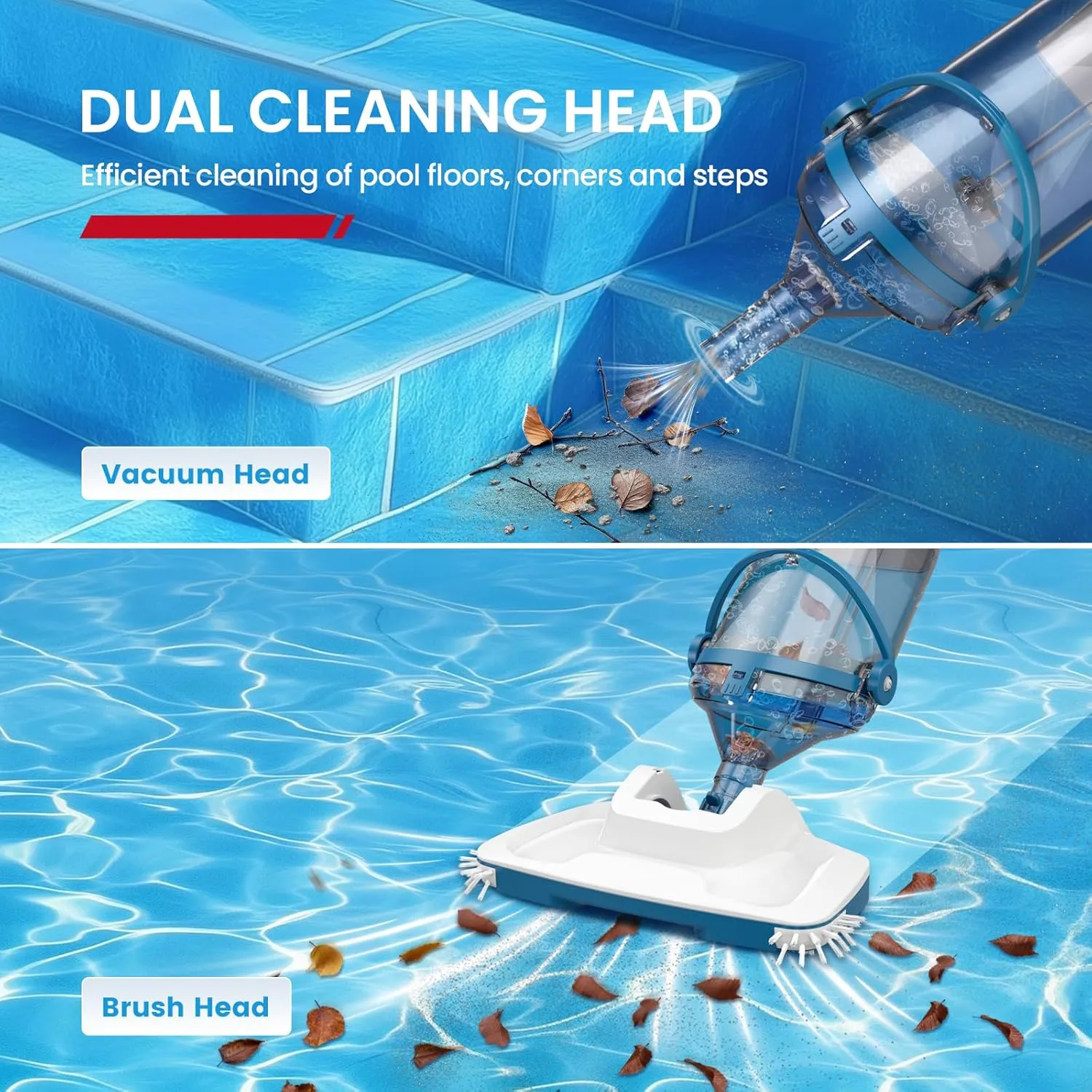 Pool Vacuum for Above Ground Pools, 2025 Upgraded 13.4" Wide Head & Telescopic Pole, 18.5 GPM Suction, 60 Min Runtime, Cordless Handheld Rechargeable Pool Cleaner for Inground Pools (Blue)