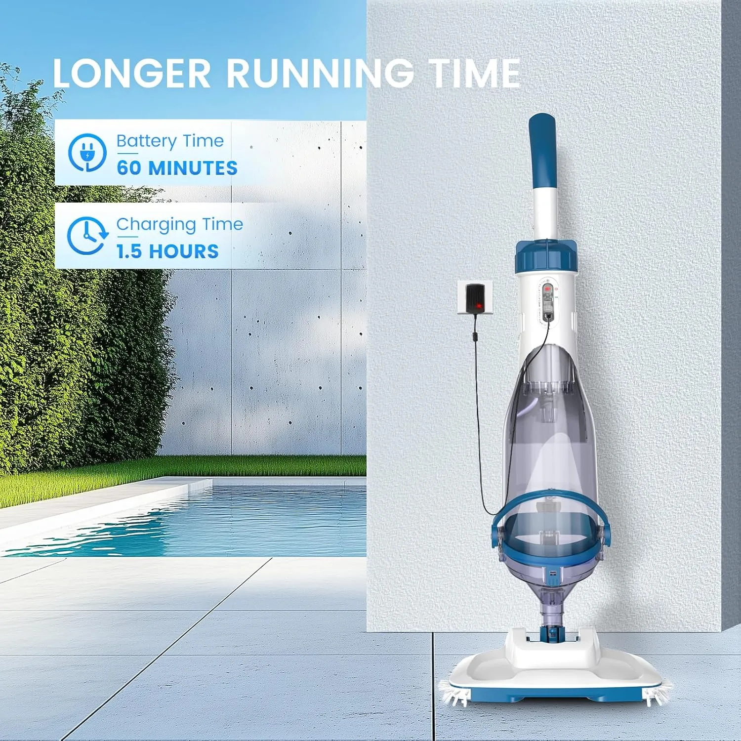 Pool Vacuum for Above Ground Pools, 2025 Upgraded 13.4" Wide Head & Telescopic Pole, 18.5 GPM Suction, 60 Min Runtime, Cordless Handheld Rechargeable Pool Cleaner for Inground Pools (Blue)