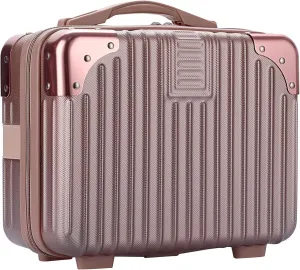 Portable Hard Shell Cosmetic Travel Case, Small Travel Hand Luggage with Elastic Band, Mini ABS Carrying Makeup Case Suitcase, Rose Gold
