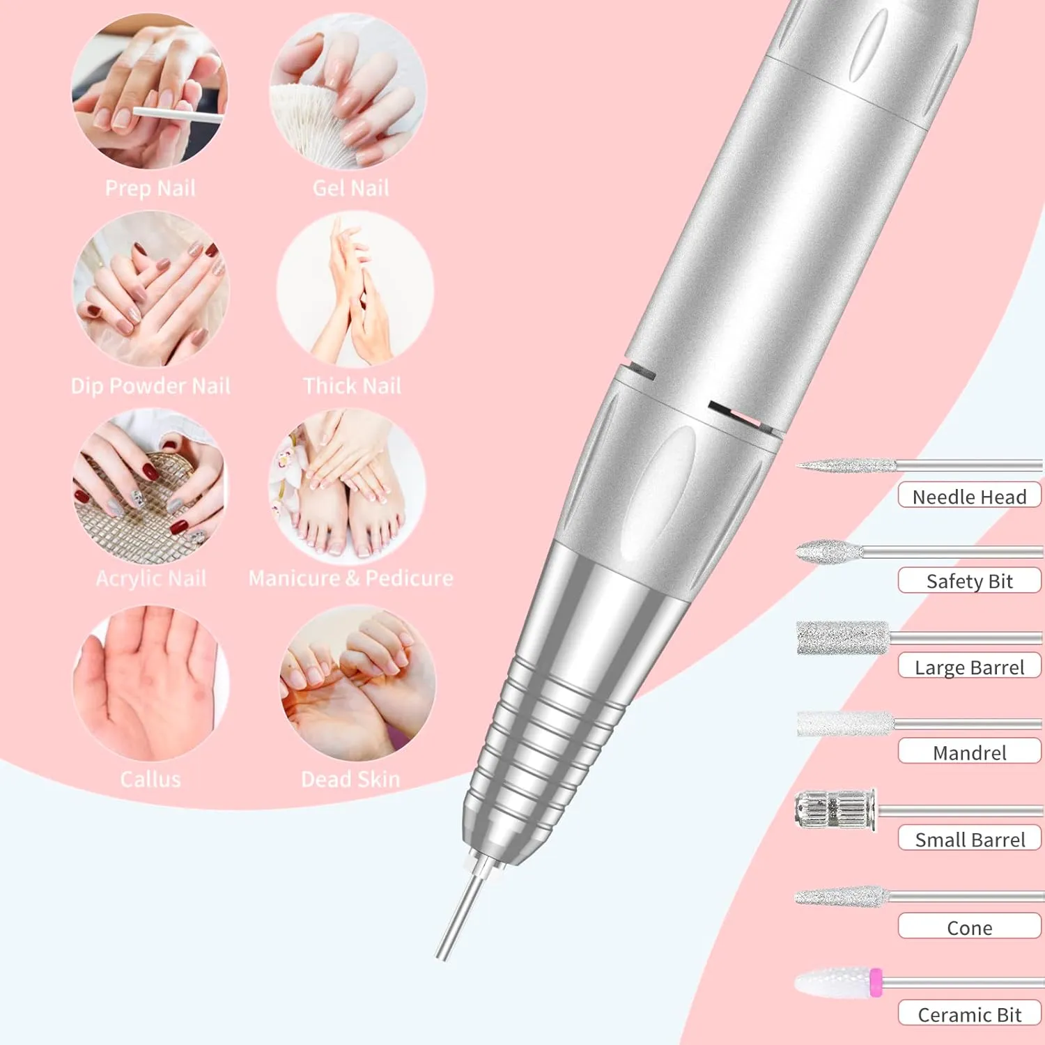 Portable Nail Drill Professional 35000 RPM, MOCOWIND Rechargeable Electric Nail File Machine E File for Acrylic Gel Polishing Removing, Cordless E-file with Bits Kit for Manicure Salon Home,Pink