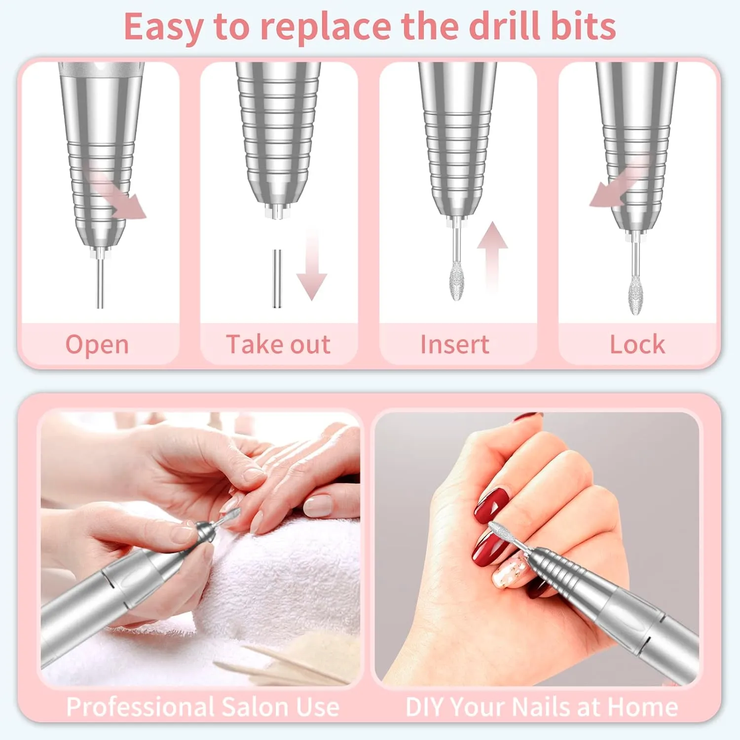 Portable Nail Drill Professional 35000 RPM, MOCOWIND Rechargeable Electric Nail File Machine E File for Acrylic Gel Polishing Removing, Cordless E-file with Bits Kit for Manicure Salon Home,Pink