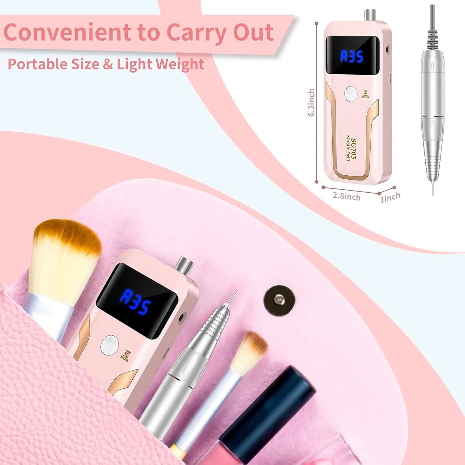 Portable Nail Drill Professional 35000 RPM, MOCOWIND Rechargeable Electric Nail File Machine E File for Acrylic Gel Polishing Removing, Cordless E-file with Bits Kit for Manicure Salon Home,Pink