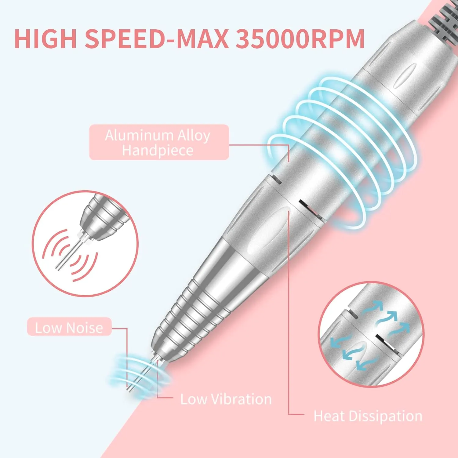 Portable Nail Drill Professional 35000 RPM, MOCOWIND Rechargeable Electric Nail File Machine E File for Acrylic Gel Polishing Removing, Cordless E-file with Bits Kit for Manicure Salon Home,Pink