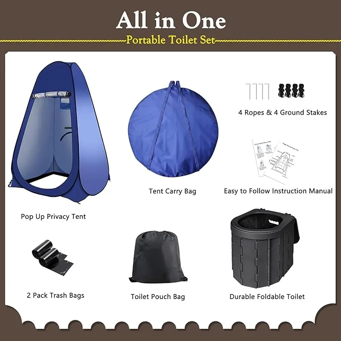 Portable Outdoor Toilet Kit for Adults,Pop Up Privacy Tent,Camping Folding Toilet,30 Toilet Bags,Washable Foldable for Travel,RV,Car,Beach,Hiking
