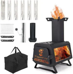 Portable Wood Burning Stove, Camping Wood Stove with Glass Window, Hot Tent Stove with 7 Chimney Pipes & X-shaped Pot Holder for Outdoor Heating, Cooking
