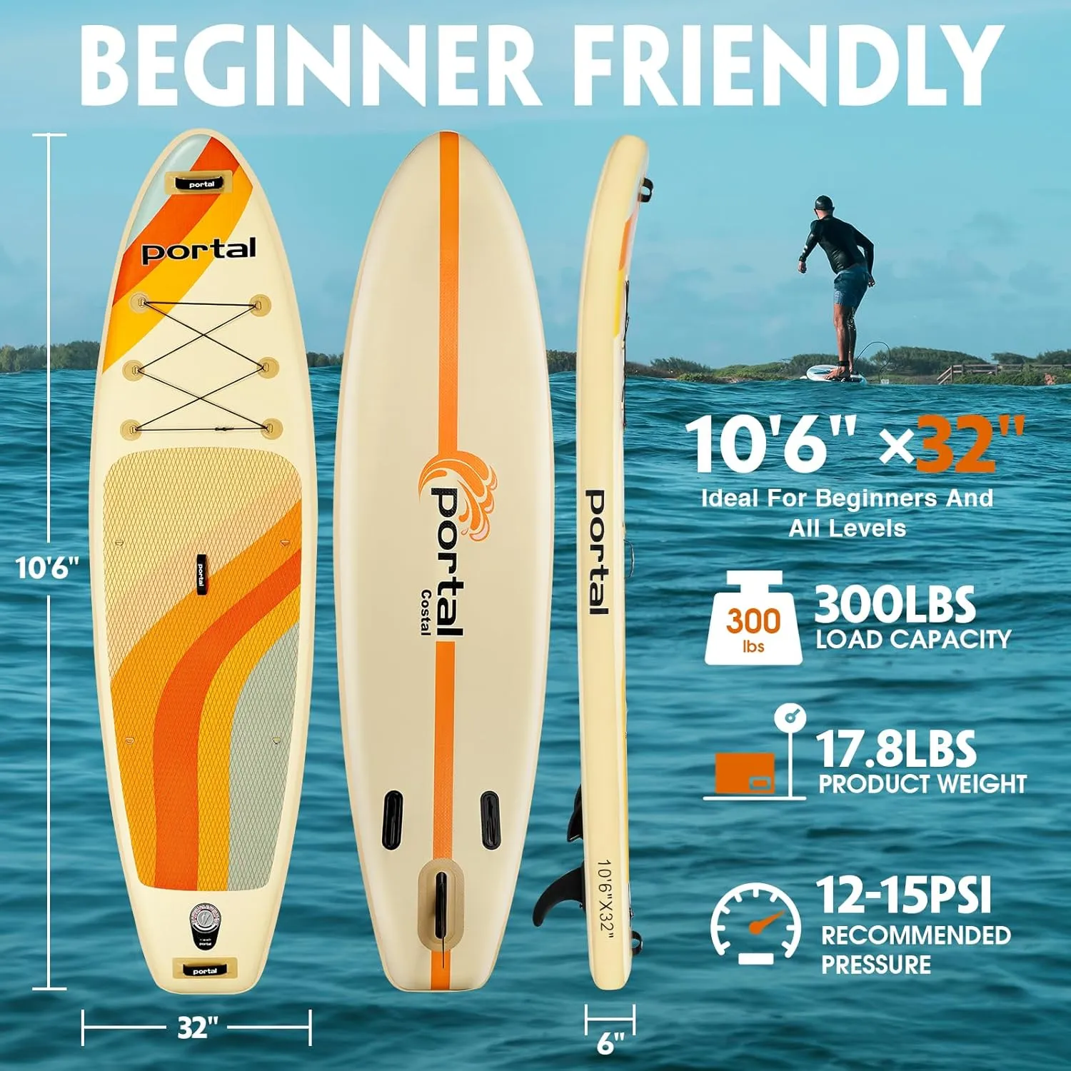 PORTAL SUP Inflatable Paddle Board for Adults 10'6'' Stand Up Paddleboard,Non-Slip Deck Blow up Paddle Boards with Adjustable Paddle, Carry Bag, and Repair Kit