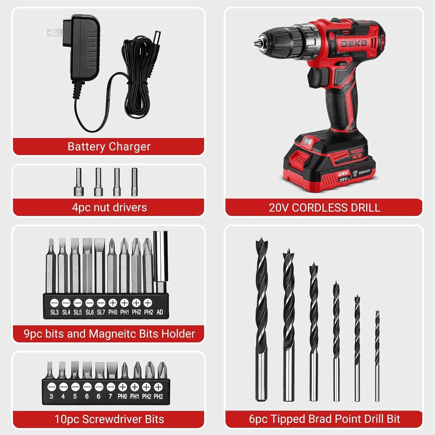 Power Drill Cordless: DEKO PRO Cordless Drill 20V Electric Power Drill Set Tool for Women Drills Cordless with Battery and Charger Drill Driver 20 Volt Drill Driver Kit Red