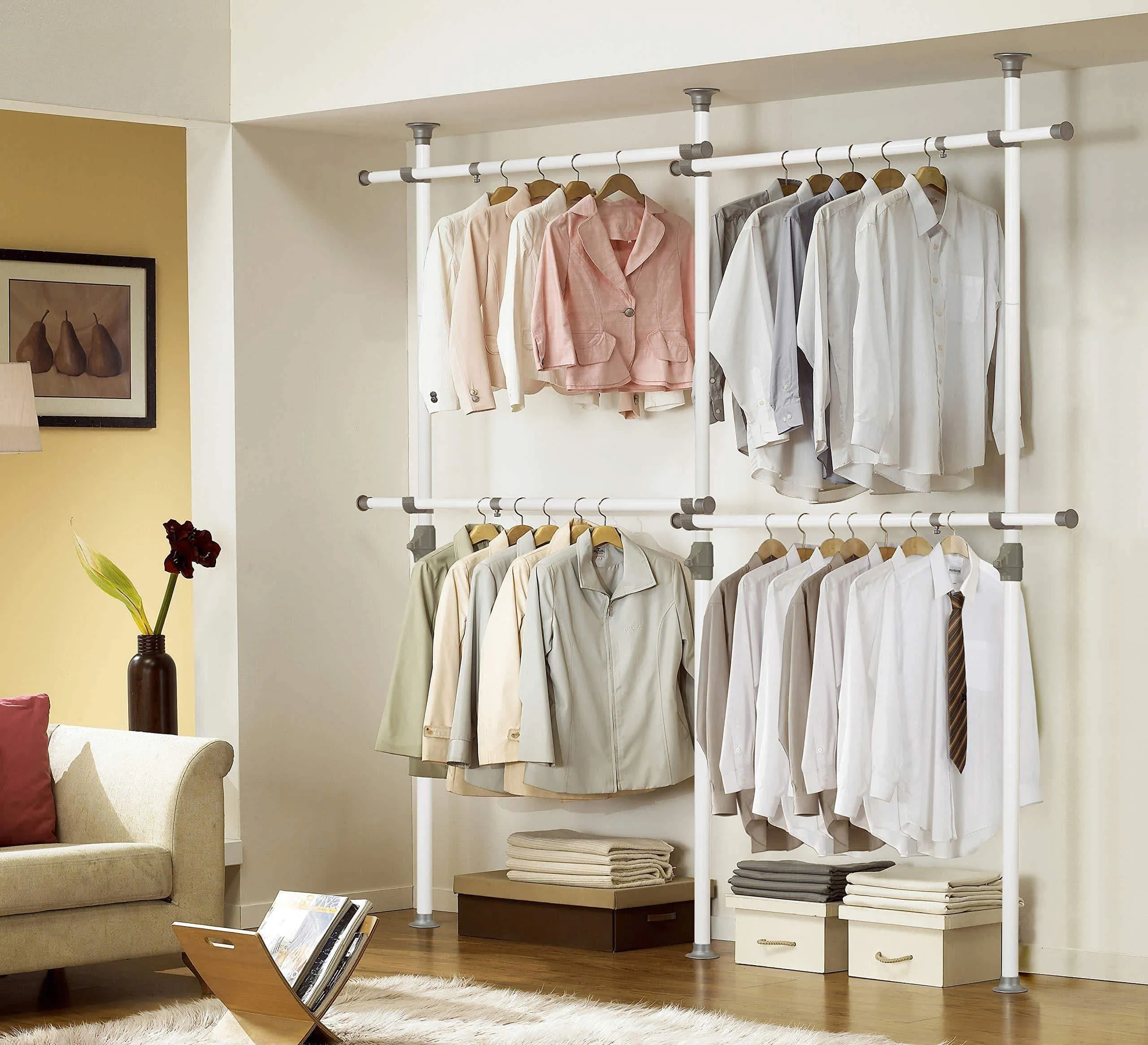 PRINCE HANGER, One Touch Double 2 Tier Adjustable Hanger, Holds 80kg(176LB) per horizontal bar, Clothing Rack, Closet Organizer,38mm Vertical pole, Heavy Duty, Garment Rack, PHUS-0033
