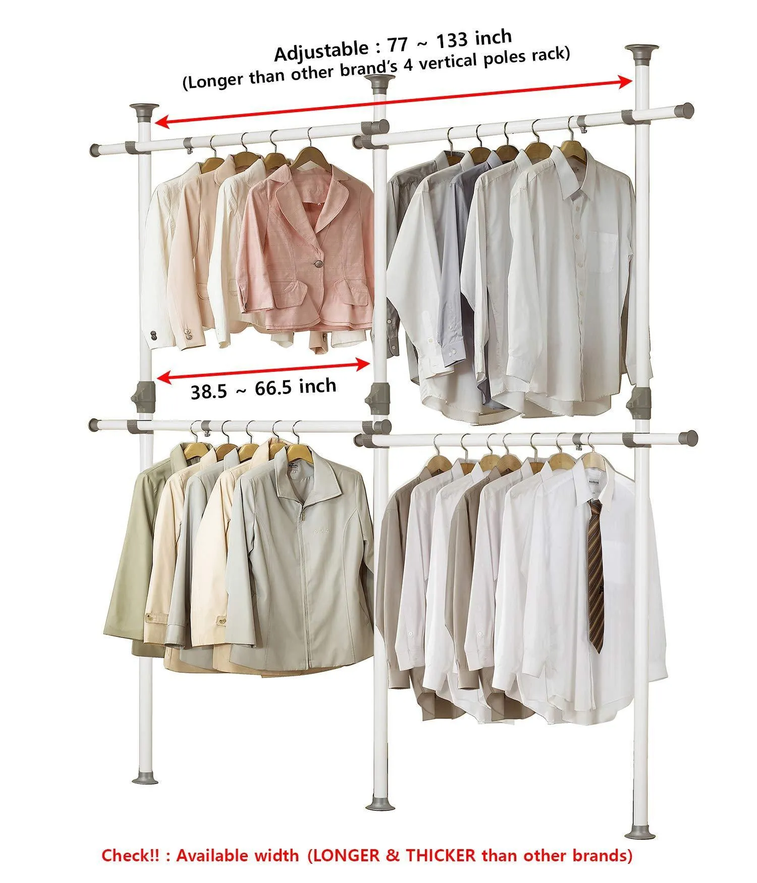 PRINCE HANGER, One Touch Double 2 Tier Adjustable Hanger, Holds 80kg(176LB) per horizontal bar, Clothing Rack, Closet Organizer,38mm Vertical pole, Heavy Duty, Garment Rack, PHUS-0033