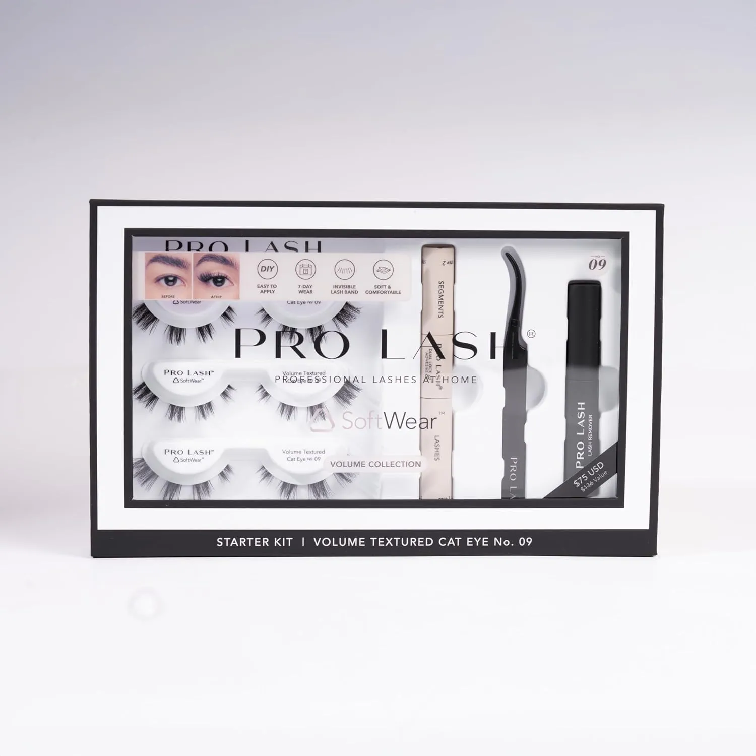 Pro Lash SoftWear Mini Lash Clusters Kit - Seamless, Lightweight Lashes - 7-Day Cluster Eyelash Extensions - False Eyelashes Plus Adhesive and Tweezers - Volume Textured Cat Eye No. 09 Black