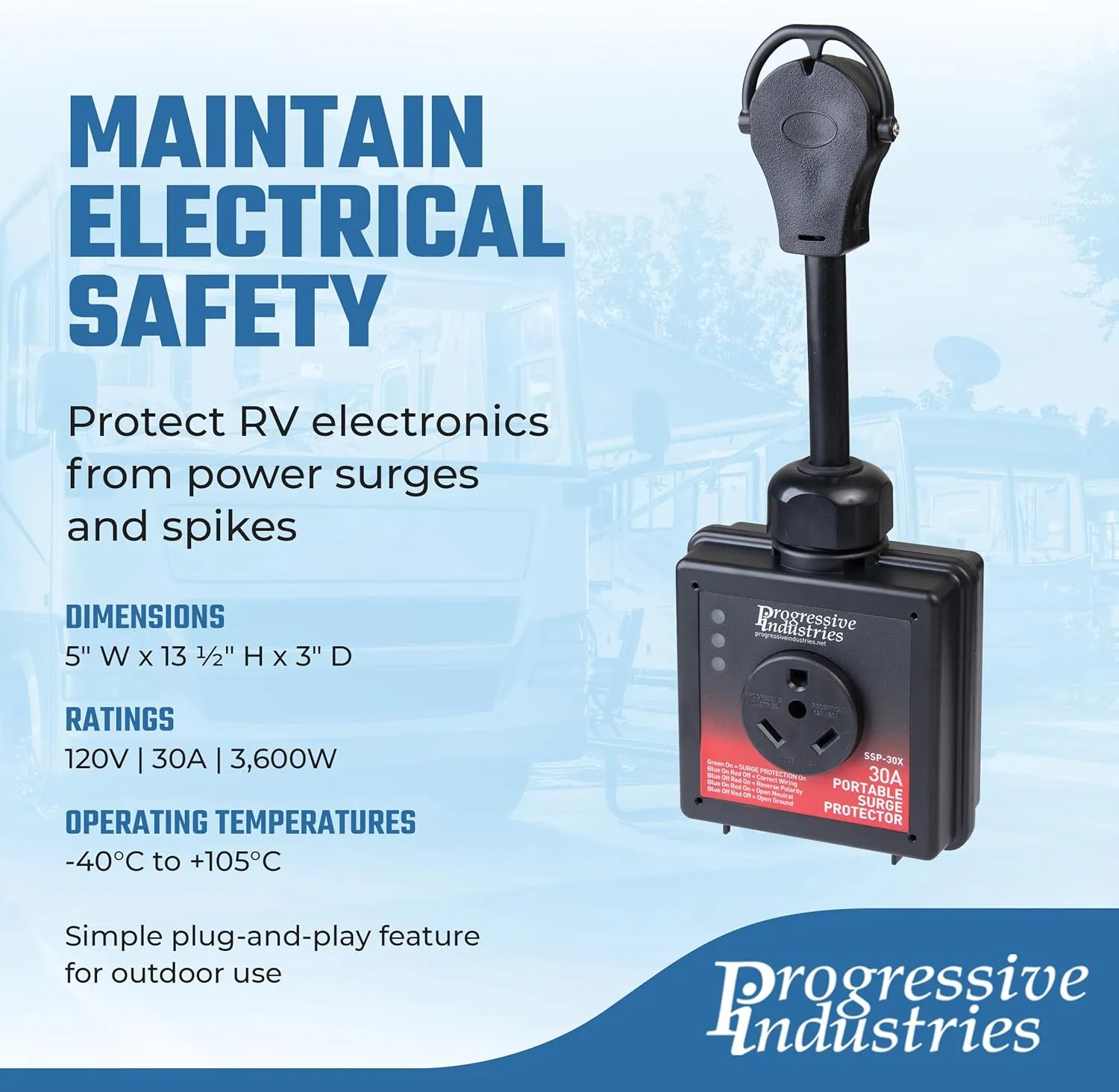 Progressive Industries SSP-30X Portable RV Surge Protector, 30 Amp with Fault Detection, No Cover