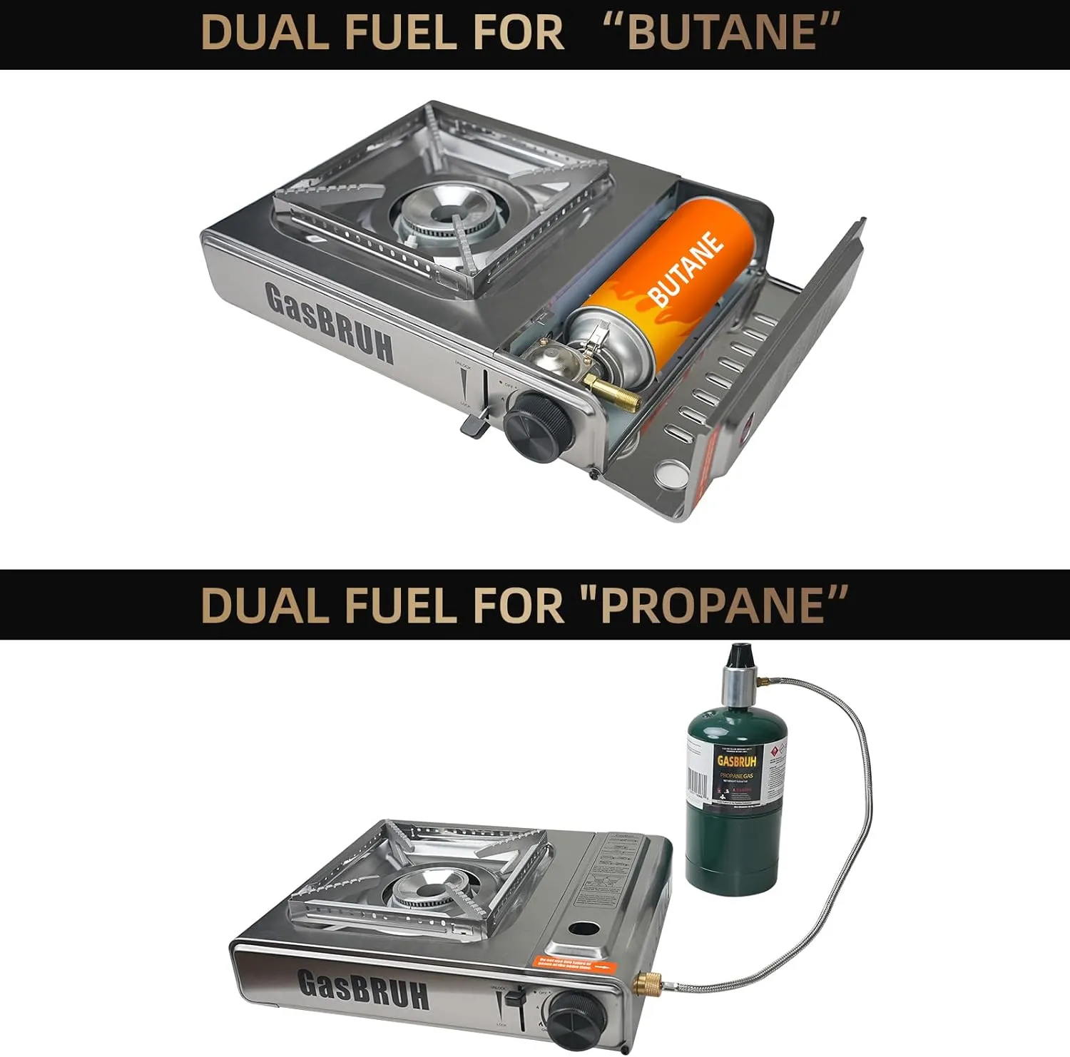Propane or Butane Stove with Windblocker,Dual Fuel 10000BTU Stainless Steel Portable Camping Stove with CarryCase,Portable Gas Stove for Camping,Tailgating,Outdoor Cooking,Emergency(Fuel not included)
