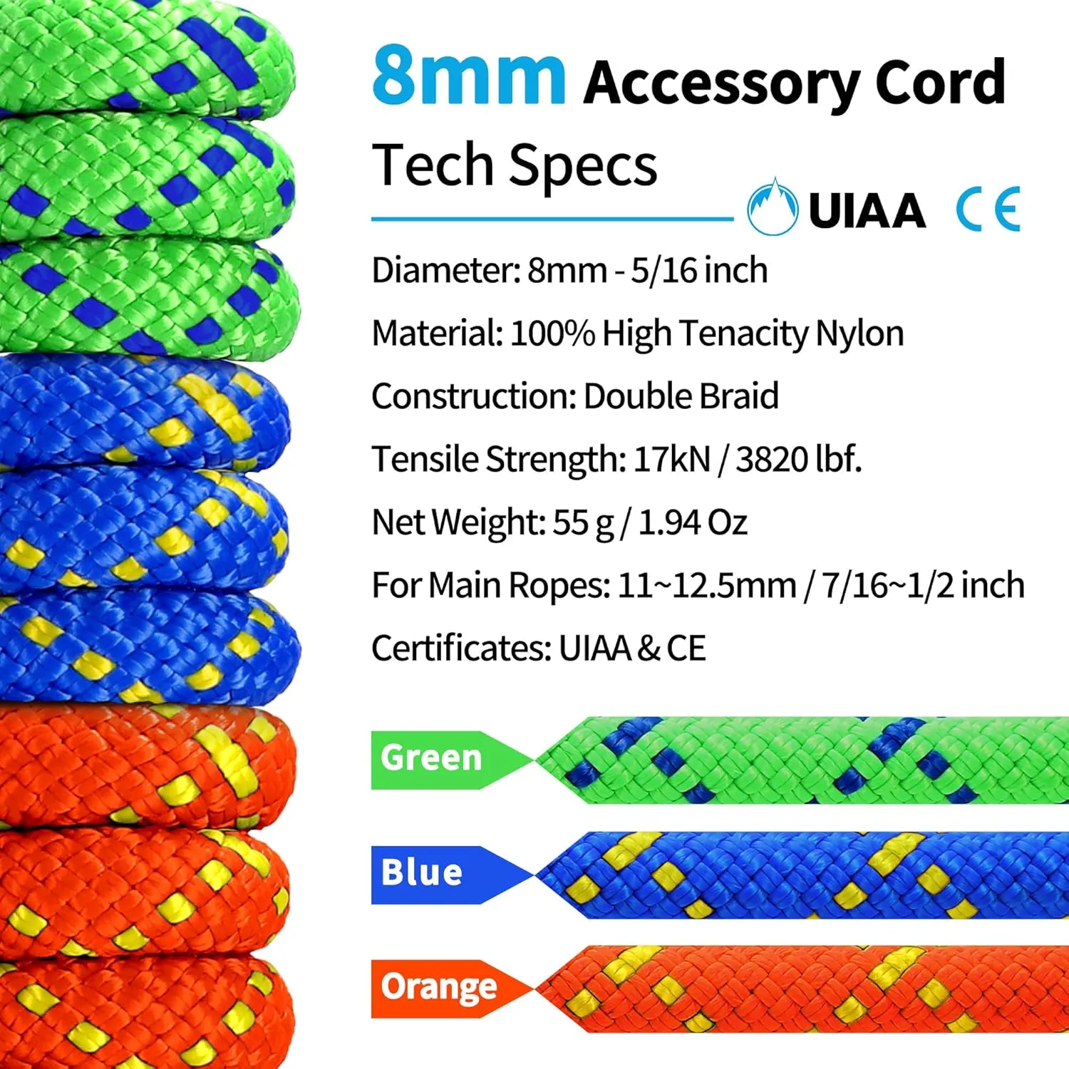 Prusik Cord 8mm (5/16in) 20M(65ft) Accessory Double Braid Pre Cut Nylon Rope for Adults Climbing Static Line Ce/Uiaa High Tensile Strength for Mountaineering, Arborist, Caving, Rescue