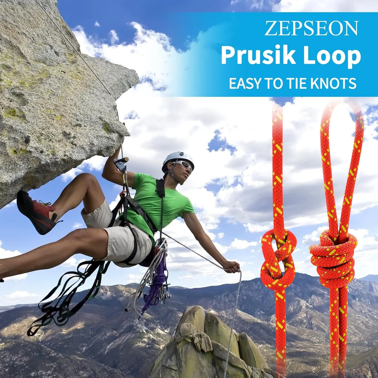 Prusik Cord 8mm (5/16in) 20M(65ft) Accessory Double Braid Pre Cut Nylon Rope for Adults Climbing Static Line Ce/Uiaa High Tensile Strength for Mountaineering, Arborist, Caving, Rescue