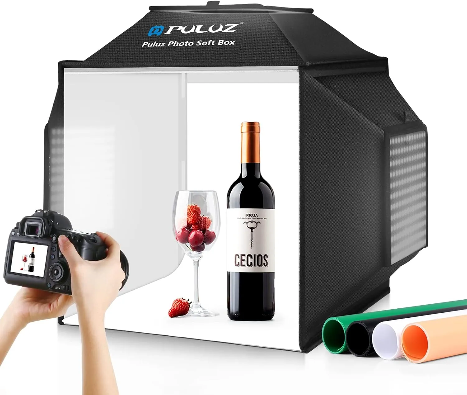 PULUZ Portable Photo Studio Light Box, 16x16 inch Professional Dimmable Shooting Tent Kit Soft Box with 480pcs LEDs Lights 4 Backdrops for Jewelry and Small Product Photography Props Upgrade 16 inch