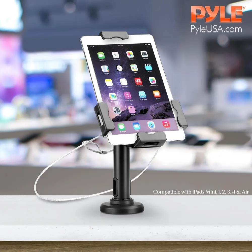 Pyle PSPADLK8 Anti-Theft Tablet Security Stand Kiosk - Table Mount Desktop Tablet Case Holder with Lock, Adjustable Clamp Arm, Internal Cable Routing, for iPad, Kindle, Samsung, Android Tablets
