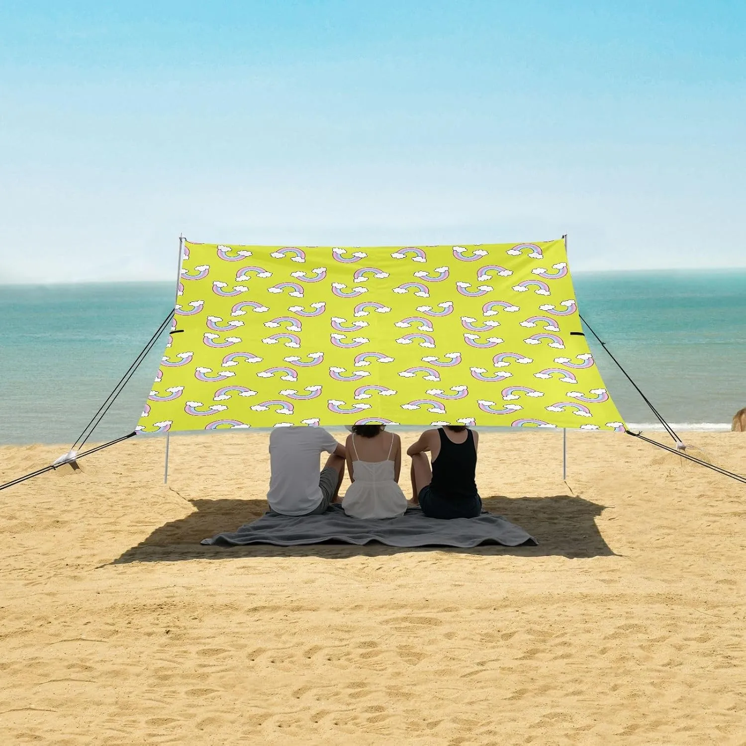 Rainbow Summer Pattern Beach Canopy Tent Anti-UV & Wind Resistant, Camping Sun Shelter Easy Setup Portable,Outdoor Shade Tents with Sandbags,Sand Shovels,Ground Pegs & Stability Poles