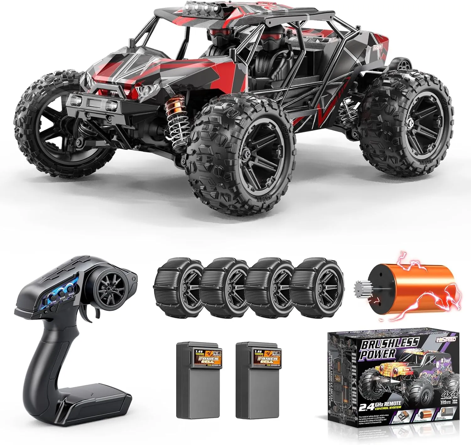 RC Cars 1/14 Brushless RC Car for Adults&Boys, Full Roll-Cage Frame, 4WD Fast Max 42mph, Remote Control RC Trucks for Adults with Two 2S LiPo Batteries and Two Sets of Tires, Compatible with 3S LiPo