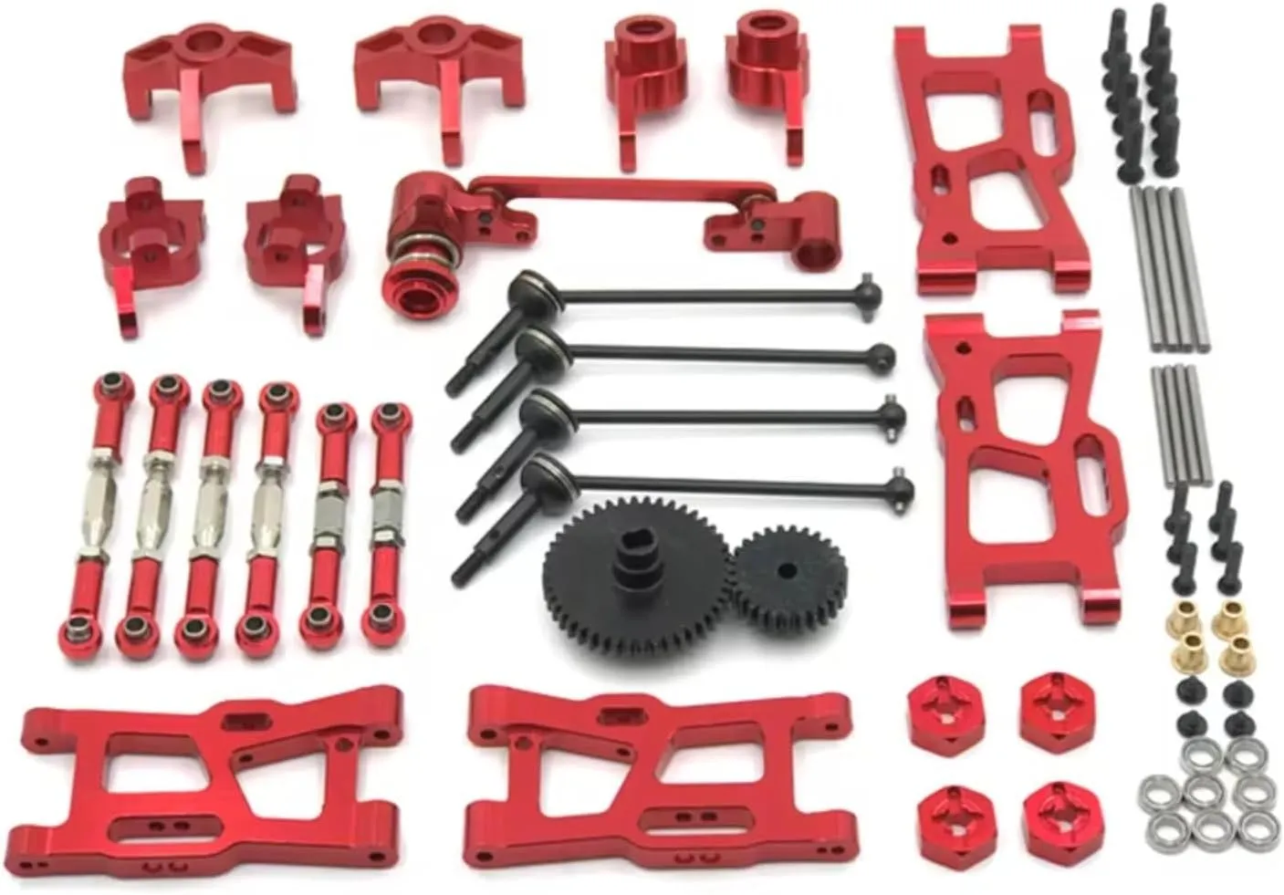 Rc Front Rear Axle for WLtoys 124016 124017-18 124019 144001 144010 RC Car Parts Metal Upgrade Kit Drive Shaft Pull Rod for Swing Arm Steering Cup Gear(Red)