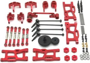 Rc Front Rear Axle for WLtoys 124016 124017-18 124019 144001 144010 RC Car Parts Metal Upgrade Kit Drive Shaft Pull Rod for Swing Arm Steering Cup Gear(Red)