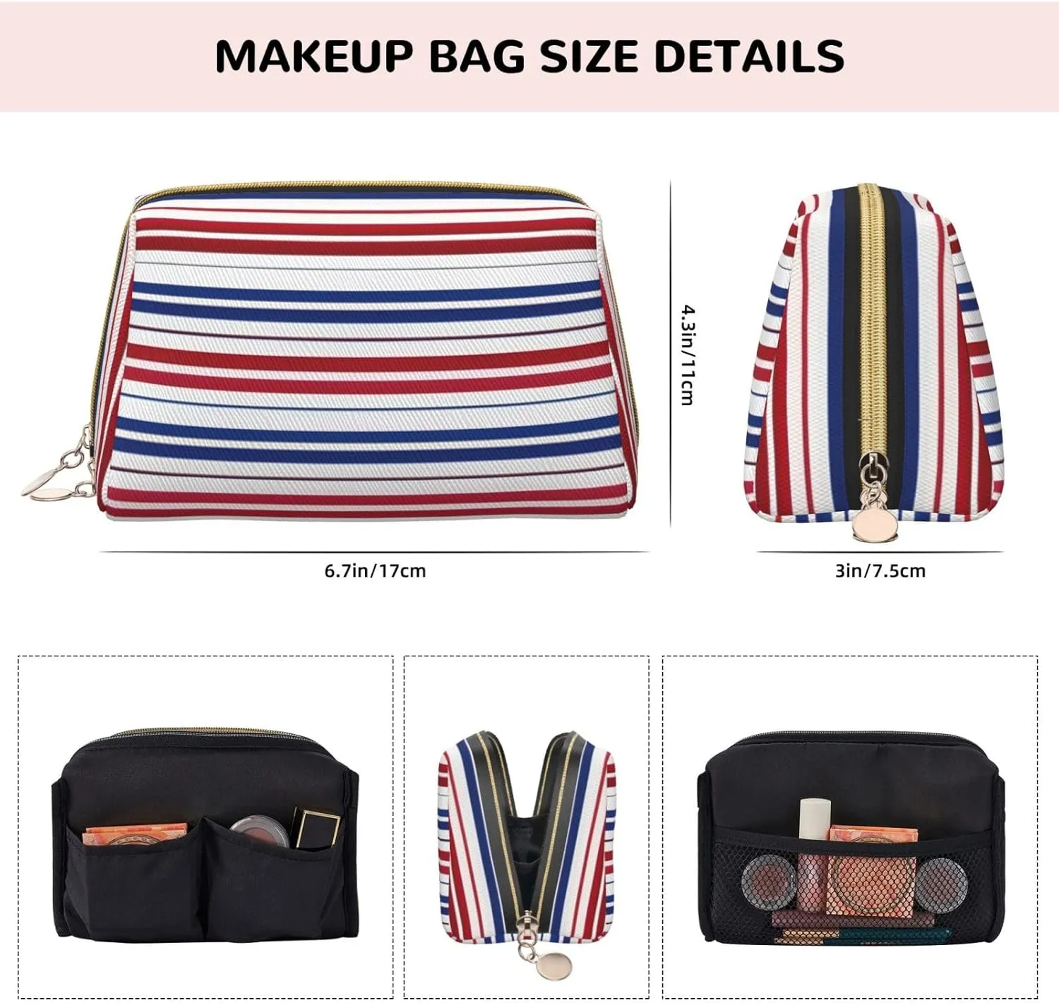 Red Blue White Stripes Toiletry Pouch, Travel-Friendly Makeup Organizer For Makeup Brushes, Lipsticks