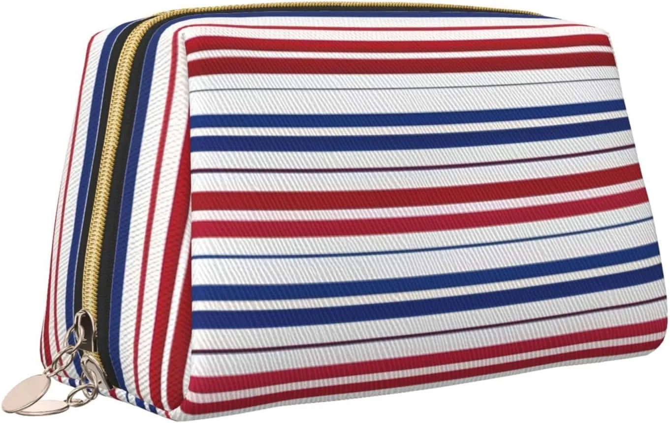 Red Blue White Stripes Toiletry Pouch, Travel-Friendly Makeup Organizer For Makeup Brushes, Lipsticks
