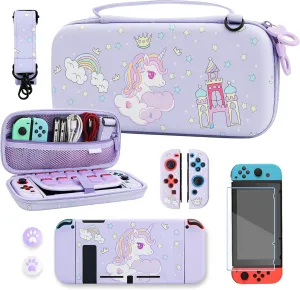 RHOTALL Cute for Carrying Case Set for Nintendo Switch, Purple Storage Case for Switch and Accessories Bundle Kit with Protective Case, Screen Protector, Adjustable Shoulder Strap and 2 Thumb Caps