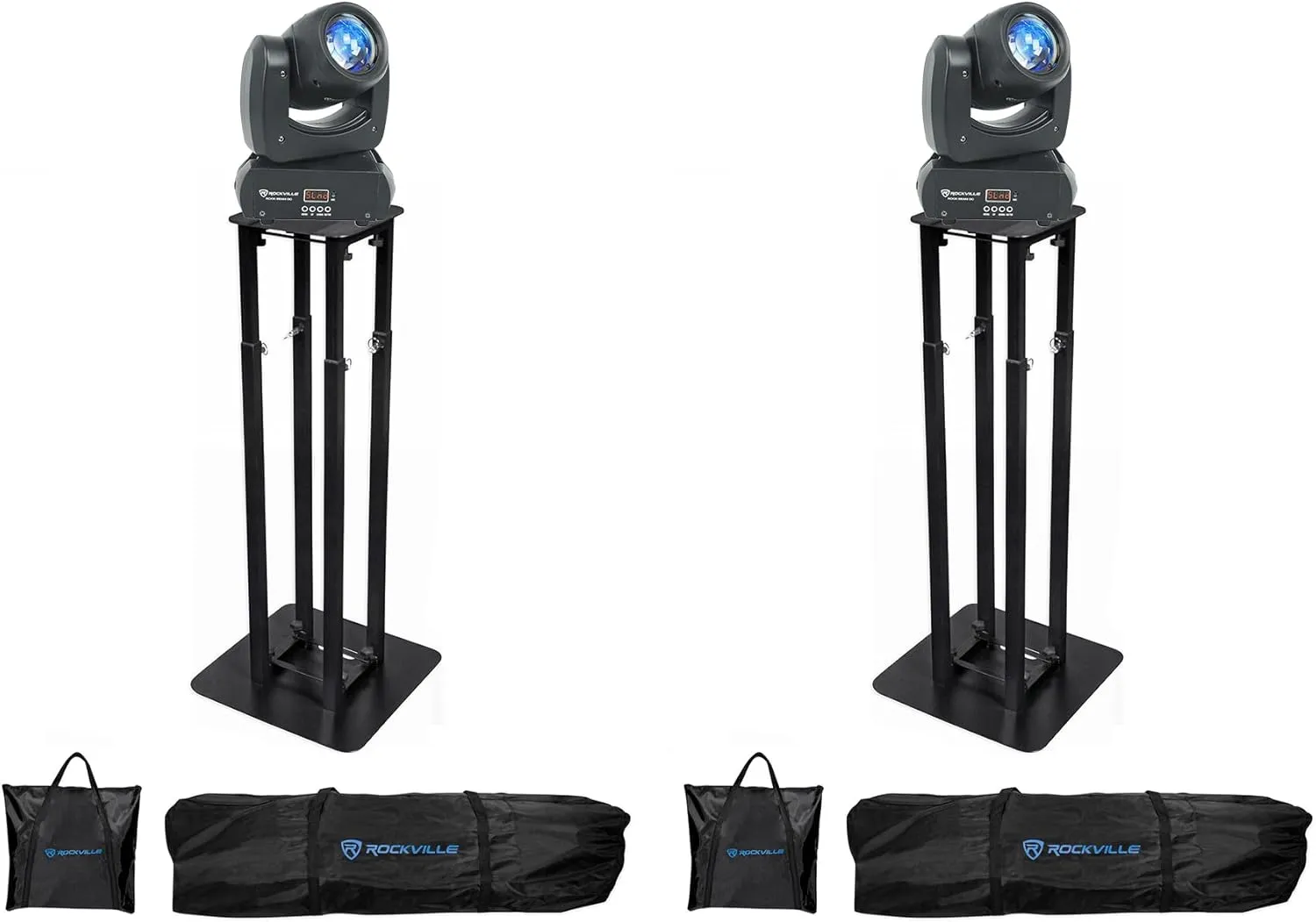 Rockville Bundle: (2) Rock Beam DC Stage Pro Moving Head Light 8 Gobos 18 Facet Prism Bundle with (2) RTP32B Totem Moving Head Light Stand Black White Scrims Carry Bags (4 Items)
