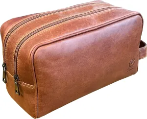RUSTIC TOWN Leather Toiletry Bag for Men - Valentines Gifts Travel Shaving Dopp Kit - Bathroom Shower Toiletries Organizer - Leather Cosmetic Bag for Women (Cognac)