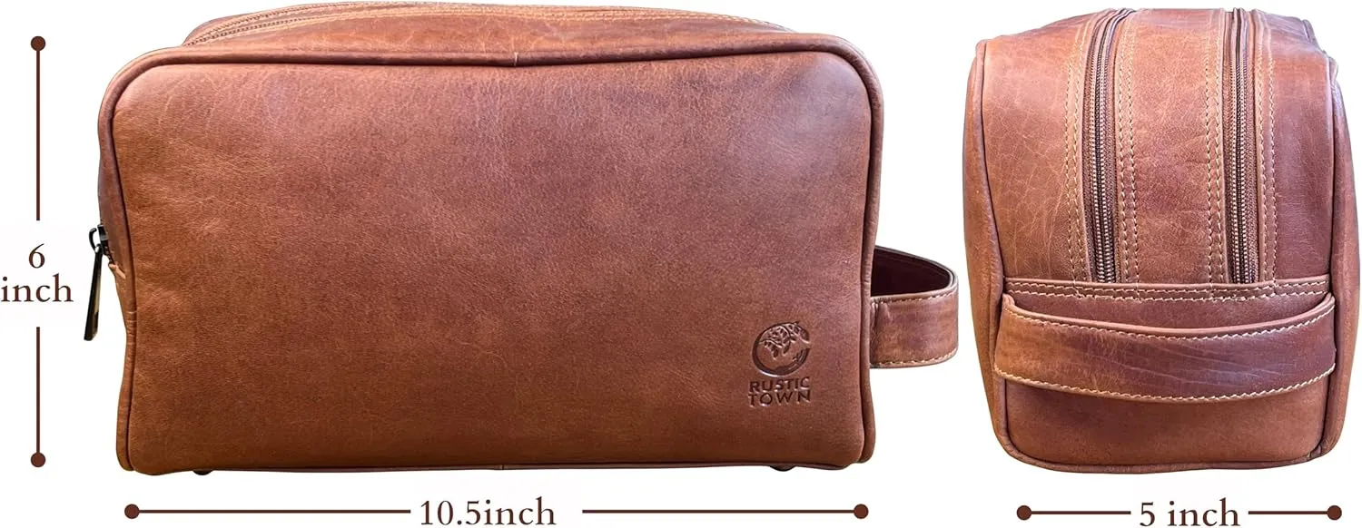 RUSTIC TOWN Leather Toiletry Bag for Men - Valentines Gifts Travel Shaving Dopp Kit - Bathroom Shower Toiletries Organizer - Leather Cosmetic Bag for Women (Cognac)
