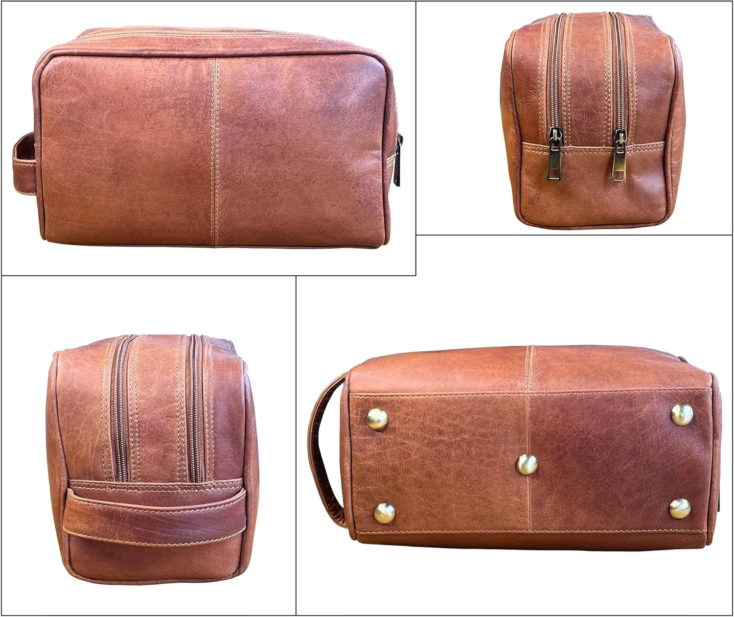 RUSTIC TOWN Leather Toiletry Bag for Men - Valentines Gifts Travel Shaving Dopp Kit - Bathroom Shower Toiletries Organizer - Leather Cosmetic Bag for Women (Cognac)