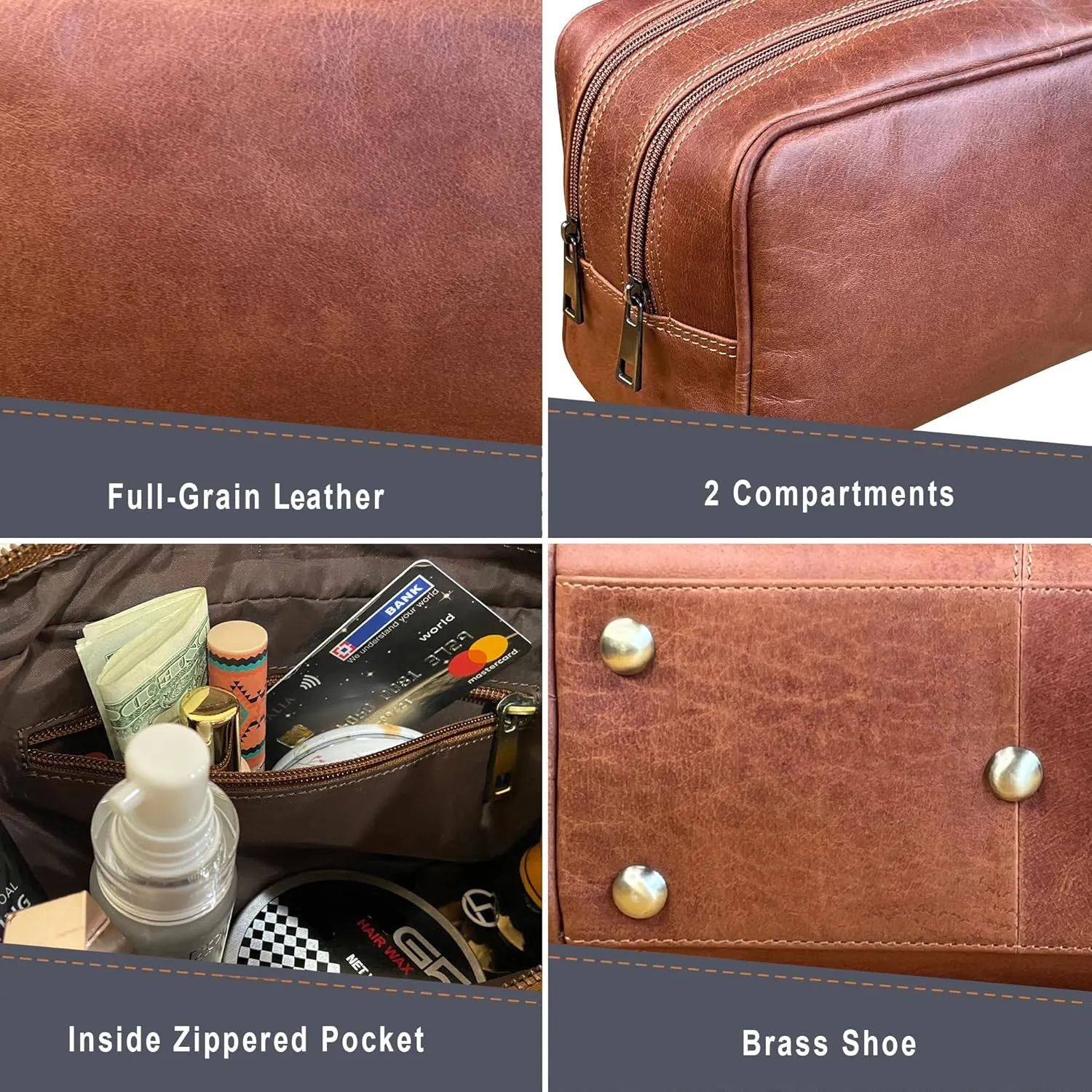 RUSTIC TOWN Leather Toiletry Bag for Men - Valentines Gifts Travel Shaving Dopp Kit - Bathroom Shower Toiletries Organizer - Leather Cosmetic Bag for Women (Cognac)
