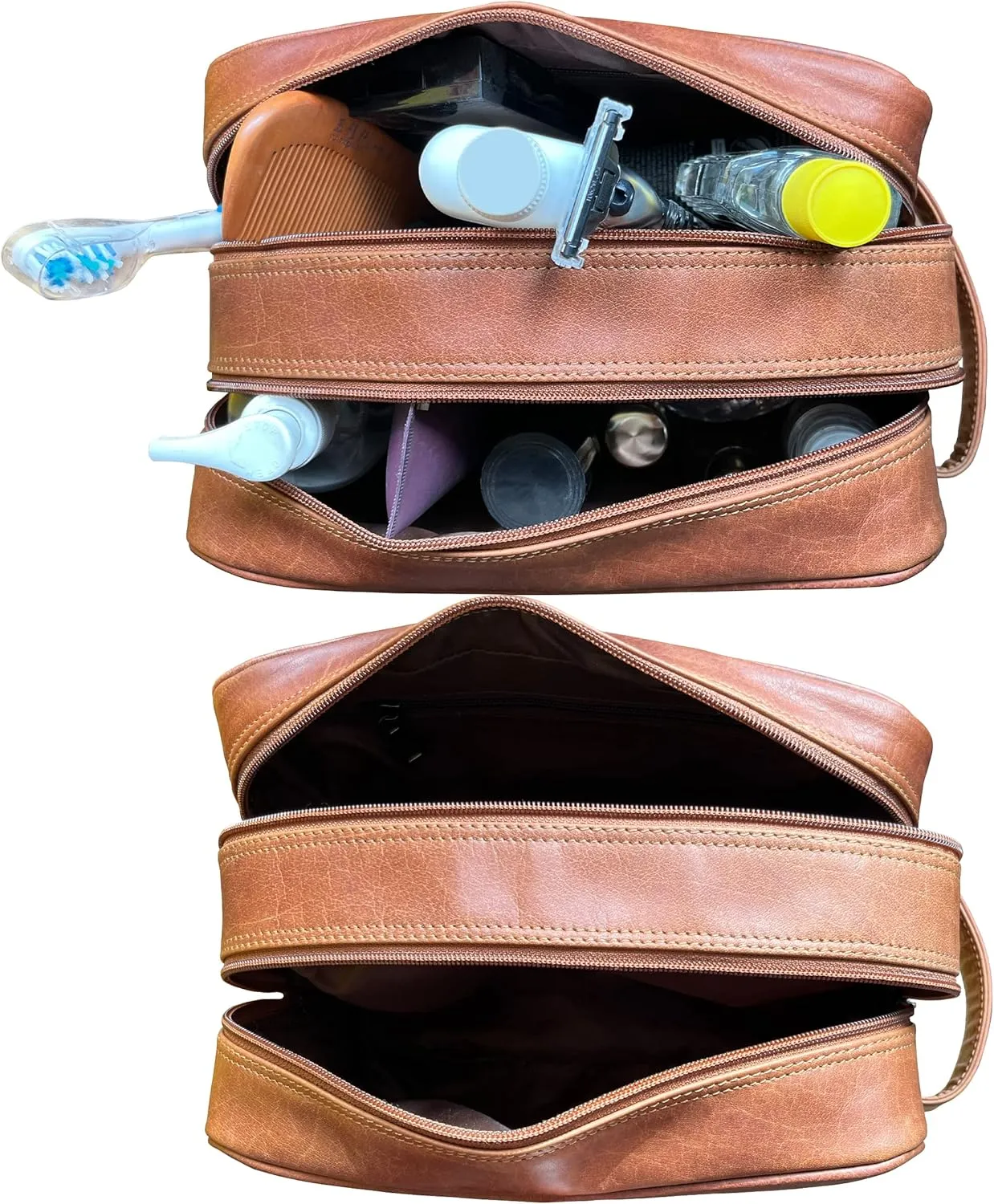RUSTIC TOWN Leather Toiletry Bag for Men - Valentines Gifts Travel Shaving Dopp Kit - Bathroom Shower Toiletries Organizer - Leather Cosmetic Bag for Women (Cognac)