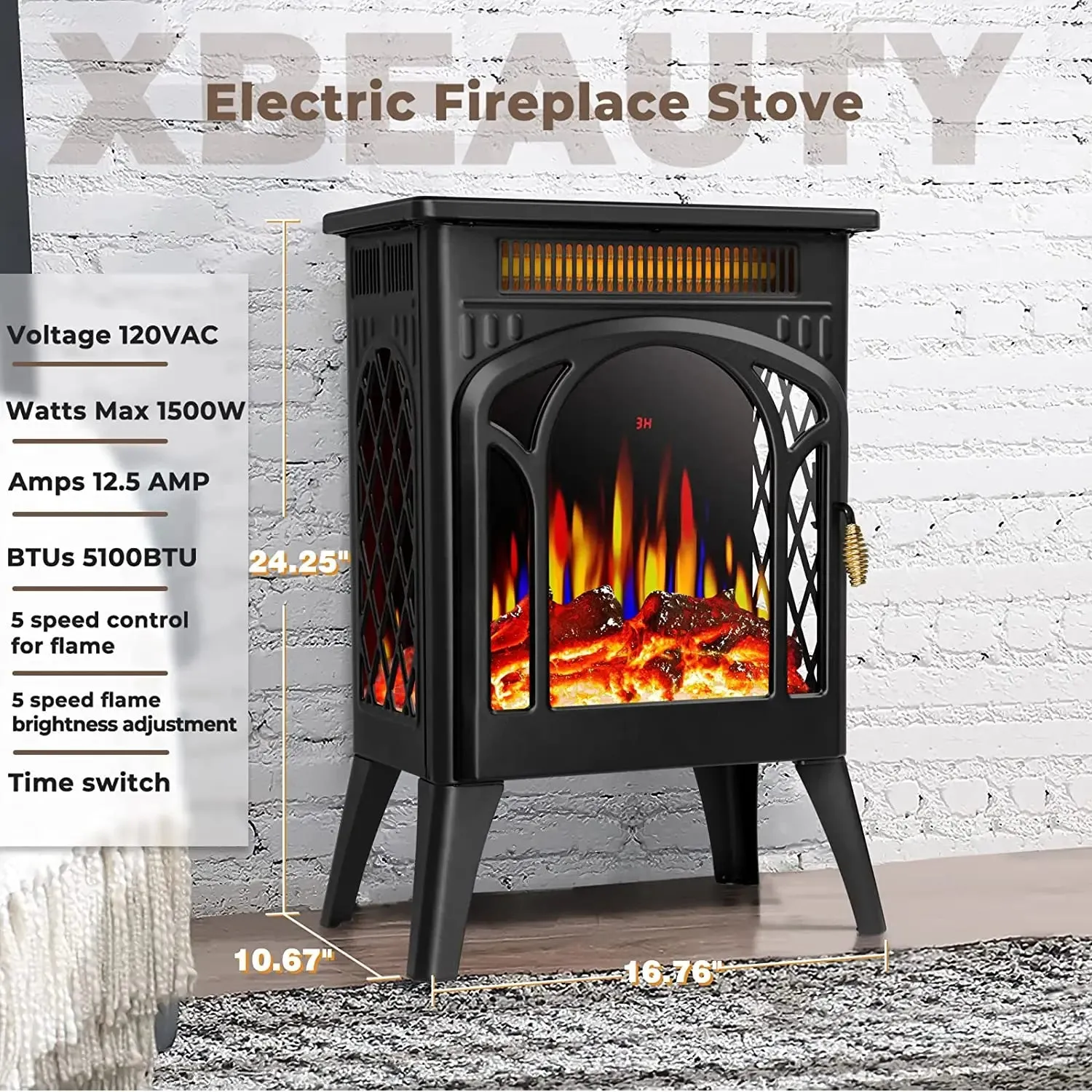 R.w.flame16 Inch Electric Fireplace, Freestanding Fireplace Stove with 3D Flame Effect