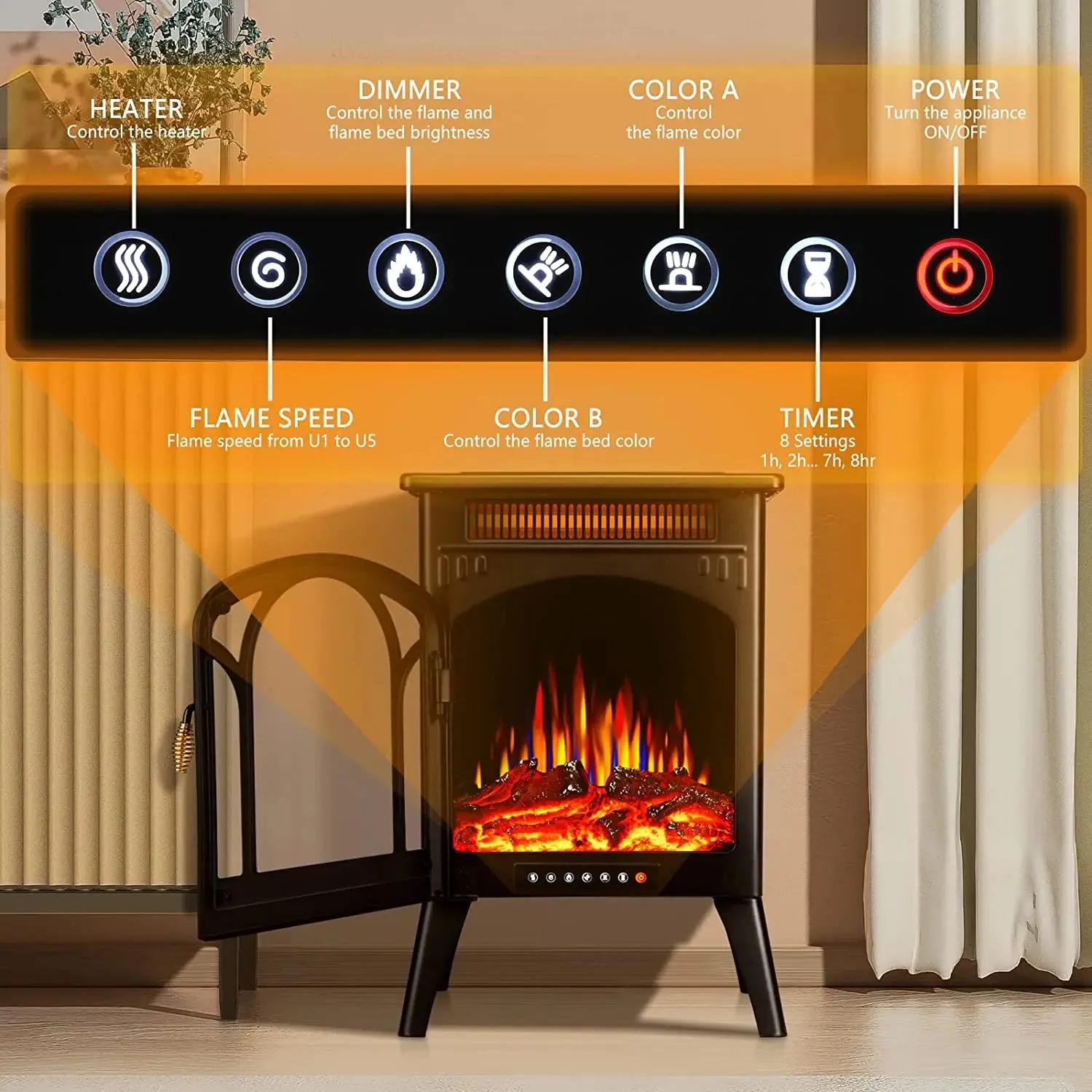 R.w.flame16 Inch Electric Fireplace, Freestanding Fireplace Stove with 3D Flame Effect