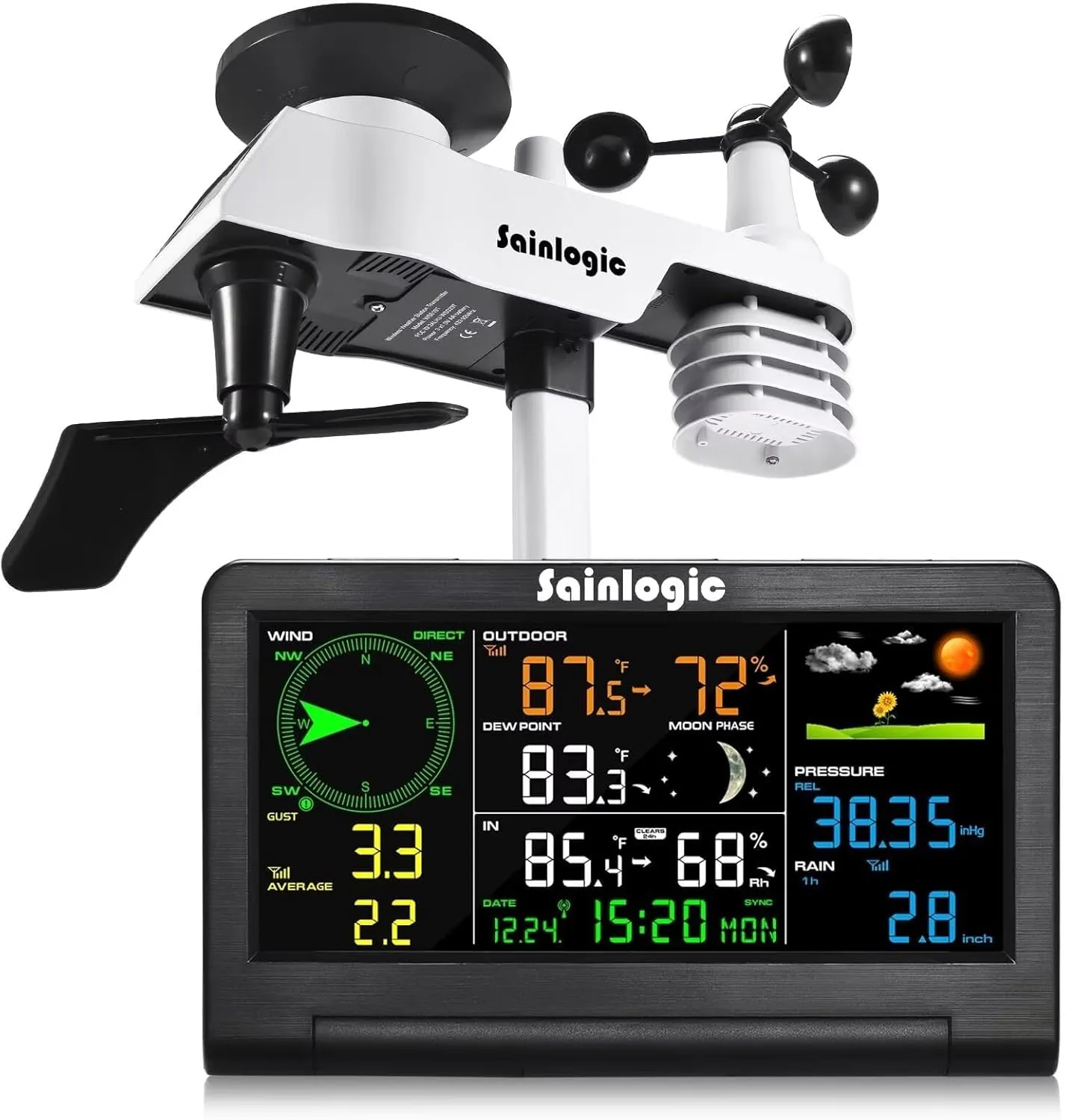 Sainlogic Weather Station Wireless Indoor Outdoor with Color Display,Rain Gauge,Wind Speed/Direction,Temperature,Humidity,Air Pressure,Forecast,Moon Phase,Alarm Clock(No WiFi)