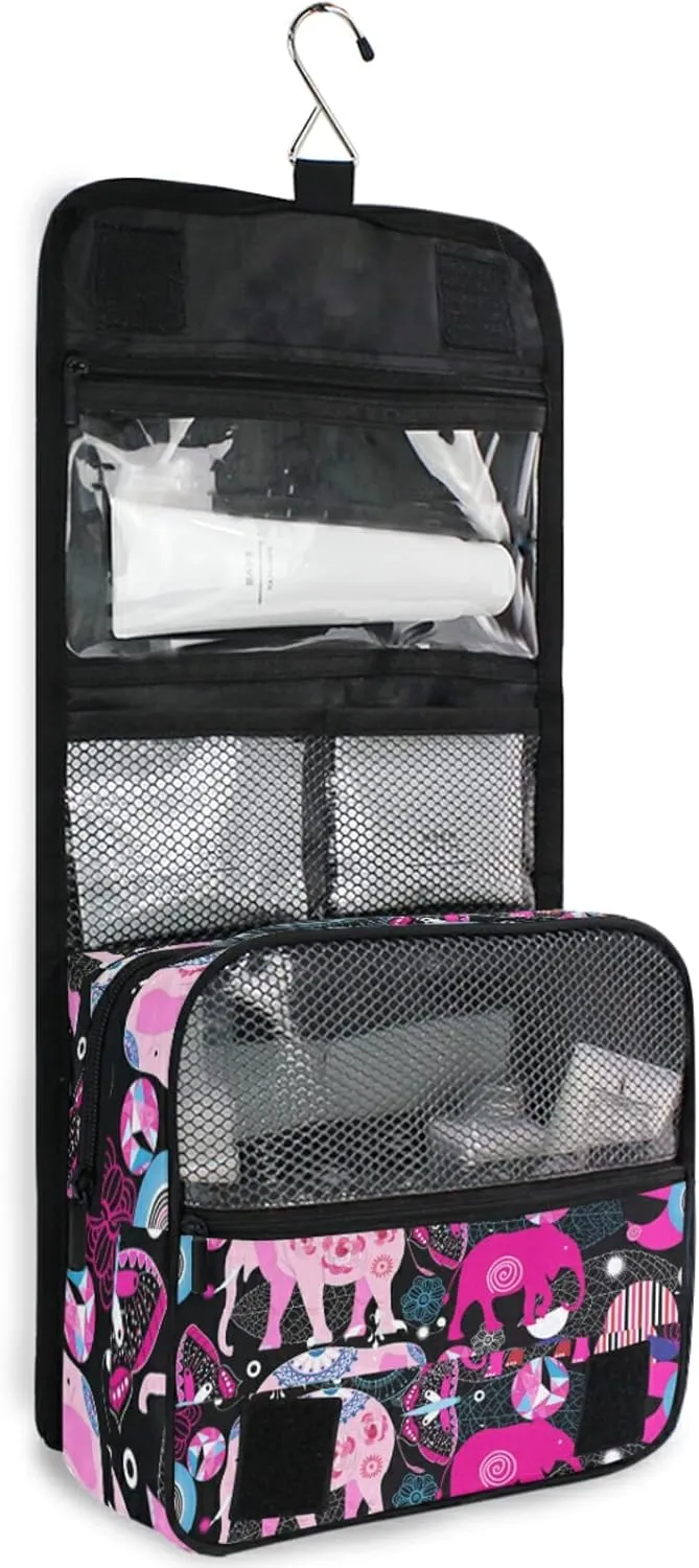 Seamless Bright Colorful Pink Elephants Leaves Flowers on Dark Hanging Wash Gargle Toiletry Bag Travel Cosmetic Makeup Case Organizer Storage Large Portable