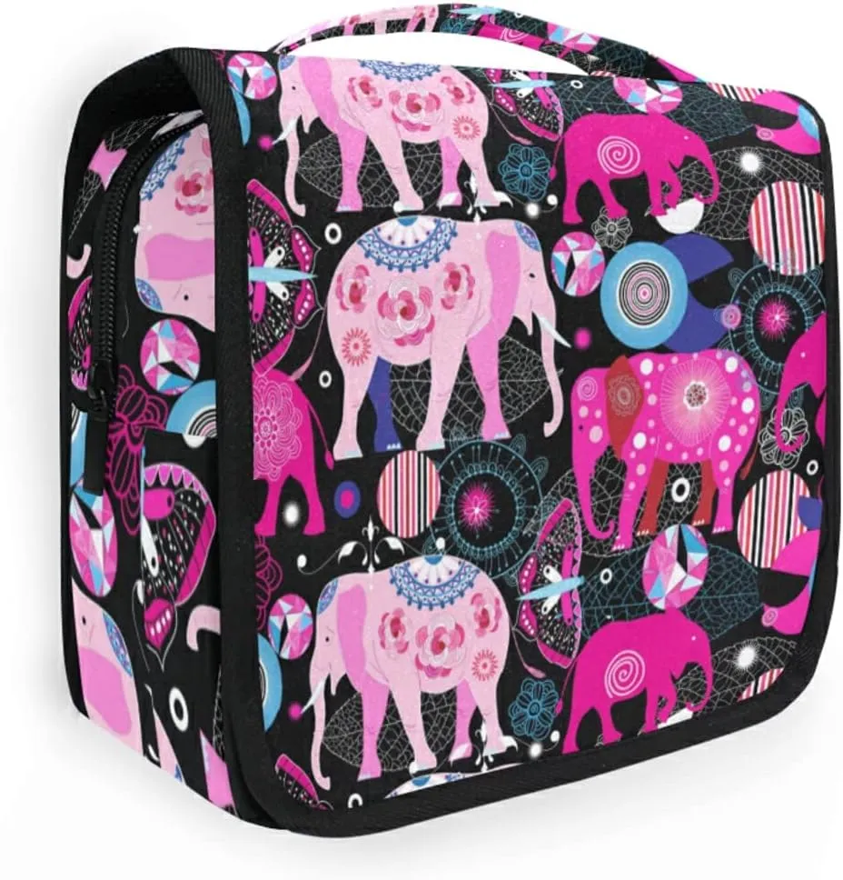 Seamless Bright Colorful Pink Elephants Leaves Flowers on Dark Hanging Wash Gargle Toiletry Bag Travel Cosmetic Makeup Case Organizer Storage Large Portable